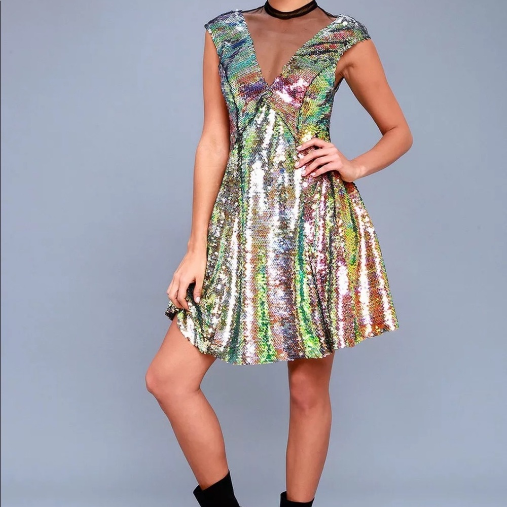 Free People Dance Til Dawn Green Sequin Skater Dress size L